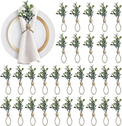 MAOANME Napkin Rings Set of 30, Rustic Eucalyptus Napkin Holder Rings with Wood Bead, Farmhouse Green Leaf Napkin Ring Bulk, Boho Napkin Ring for Wedding, Table Decor