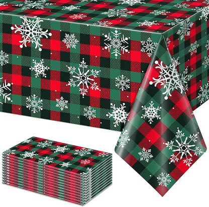 12Pcs Christmas Buffalo Plaid Snowflake Party Tablecloths Decorations,Plastic Red and Green Checkered Rectangle Table Cover for Winter Christmas New Year Birthday Holiday Party Decorations,54x108 inch