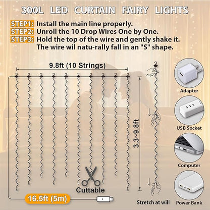 HXWEIYE 300LED Fairy Curtain Lights, 9.8x9.8Ft USB Plug-in 8 Modes Christmas String Hanging Lights with Remote for Bedroom Backdrop Wedding Party Indoor Wall Decor, Warm White(2 Pack)