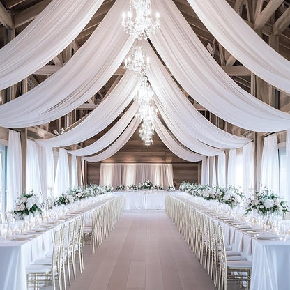 60ft x 15ft White Wrinkle Free Backdrop Curtains for Parties,Silky Polyester Fabric Wedding Ceiling Drapes, 12 Panels 15ft Photo Back Drop Drapes for Baby Shower Photography Stage Background Cloth