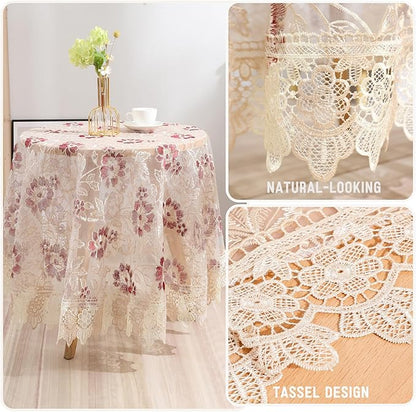 Round Embroidered Lace Tablecloth Vintage Decorative Exquisite Border Table Cover for Party Wedding Home Decorations, Round-70 inch, Red