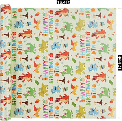 Aimyoo Dinosaur Birthday Wrapping Paper Roll - 17 Inch X 16.4 Feet - Green Happy Birthday Dino Pattern Gift Wrap Paper for Boys Party, Baby Shower, Holiday
