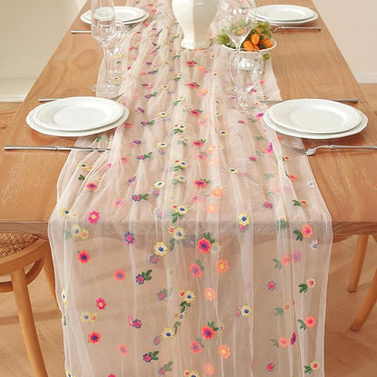 Champagne Embroidery Daisy Fall Table Runner 120Inch 10FT Florals Soft Sheer Tulle Fabric Table Runner for Home Decor, Brithday, Wedding, Baby Shower ,Holiday ,Parties, DIY Craft,3PC