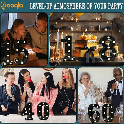 Pooqla Decorative Led Light Up Number Letters, Black Plastic Marquee Number Lights Sign for 2nd 21th Birthday Party Wedding Decor Battery Operated Black Decoration 2