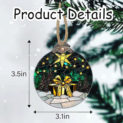 Stained Glass Christmas Decorations, Gold Star Suncatcher for Window Christmas Tree Hanging Ornaments Green Winter Night Scene Sun Catcher Xmas Decor Gifts for Women Men Mom Nana Friend