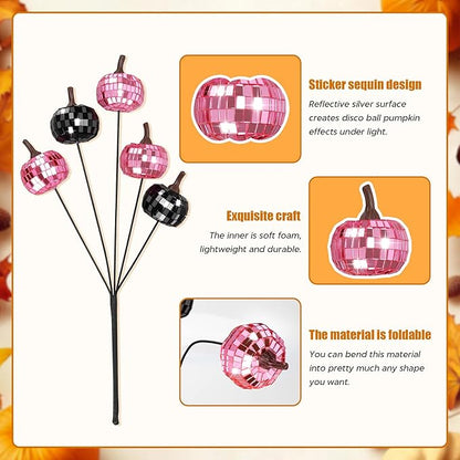 20Pcs Disco Halloween Decor, Disco Pumpkin Table Decoration, 14 Inch Artificial Glitter Mirror Pumpkin Sticks Ornament Halloween Branches for Table Centerpiece Party Decor