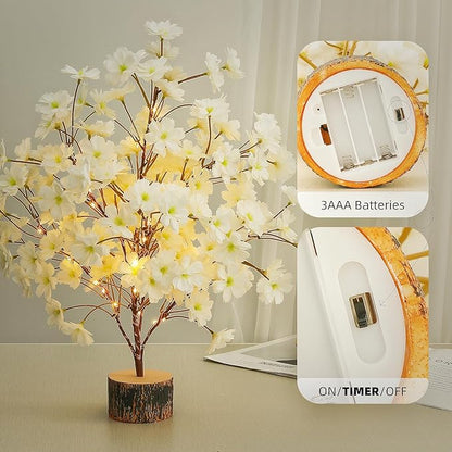 19Inch Cherry Blossom Tree Light, Lighted Artificial Tree with White Silk Flowers, Battery Operated Lamp with Timer for Summer Wedding Decorations,49 Fairy LEDs