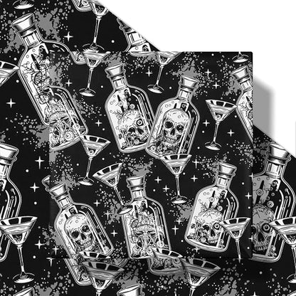 LeZakaa Halloween Wrapping Paper Roll, Gothic Skull-in-Bottle and Eye Cocktail Glass in Black, Spooky Gift Wrap for Horror Lovers, Goth Style Party, Trick or Treat, Mini Roll 17 In x 16.4 Feet