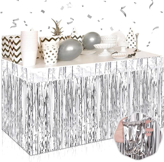 3 Pack 29 x108 Inch Silver Foil Fringe Table Skirts Metallic Banner for Tinsel Streamer Garland Backdrop for Parade Floats Wedding Thanksgiving Birthday Christmas Halloween New Year Party Decoration
