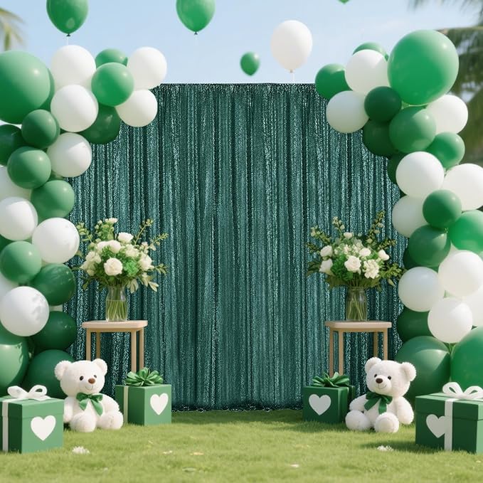 Dark Green Sequin Backdrop Curtain 4 Pieces 2FTx8FT Glitter Photography Backdrop for Party Wedding Birthday Christmas Decorations