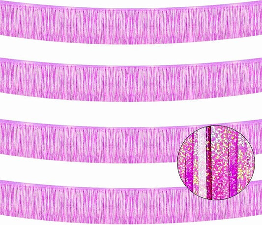 4 Pack Total 40 Feet Foil Fringe Garland Lilac Metallic Wall Hanging Drapes Tassel Skirting Tinsel Streamers for Parade Float Trailer Mardi Gras Party Birthday Wedding (Iridescent Purple)