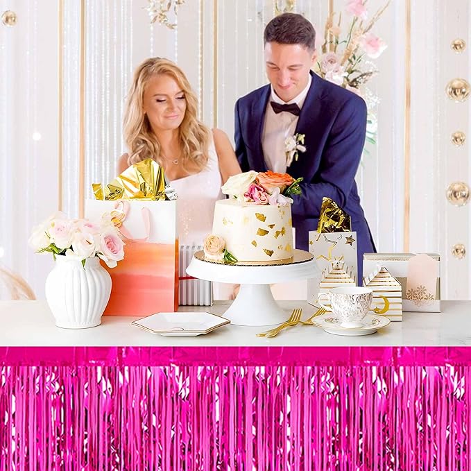 3 Pack 29 x108 Inch Fuchsia Foil Fringe Table Skirts Metallic Banner for Tinsel Streamer Garland Backdrop for Parade Floats Mother's Day, Graduate, Birthday, Wedding Party Decoration