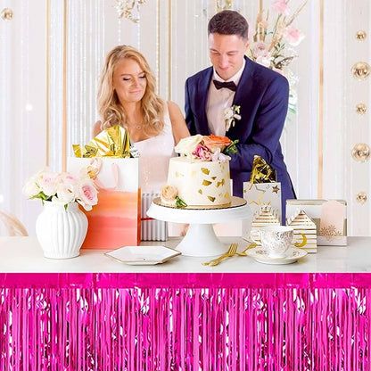 3 Pack 29 x108 Inch Fuchsia Foil Fringe Table Skirts Metallic Banner for Tinsel Streamer Garland Backdrop for Parade Floats Mother's Day, Graduate, Birthday, Wedding Party Decoration