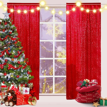 Red Sequin Backdrop Curtains,2ft x 8ft Sequin Photography Backdrop Curtain 2 Panels for Party Decoration, Red
