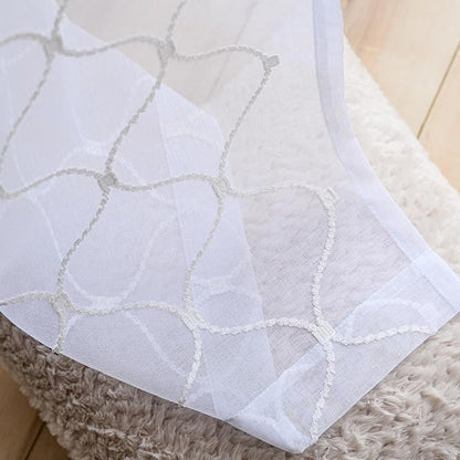 Embroidered Wave Diamond Sheer Curtains White 95 Inches, Window Treatments Rod Pocket Drapes for Living room, Bedroom, Semi Voile Curtain Panels for Yard, Patio, Villa, Parlor, Set of 2, 52"x95".