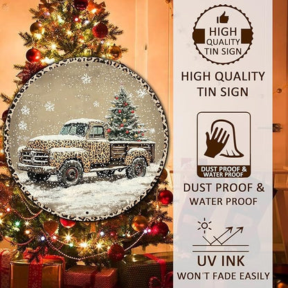 Round Leopard Truck Metal Tin Sign Rustic Wall Decor Christmas Wreath Sign Christmas Wreath Door Hanging Wall Decoration Bar Home Round 12 * 12 in