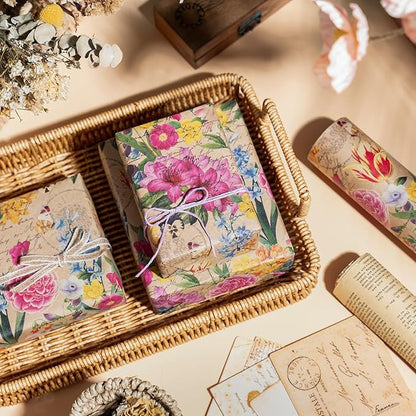 WRAPAHOLIC Kraft Floral Wrapping Paper Roll - Mini Roll - 17 Inch x 9.8 Feet - All Occasion Vintage Flower Wrapping Paper for Wedding Bridal Shower Birthday