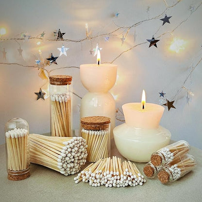 2" Matches in 6 Glass Bottles Cork Top, Striker Stickers Included | 120 Matchsticks Color of Your Choice | Decorative Safety Matches w/Small Glass Holder | Gifts & Home Decor by Thankful Greetings