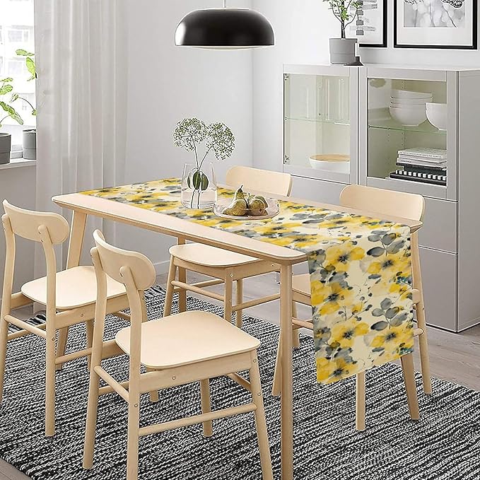 Floral Table Runner,Yellow Flowers Spring Print Table Cloth Kitchen Dining Table Home Party Decoration 13x90 Inch