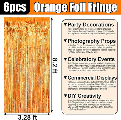 6 Pack Orange Foil Fringe Curtain Backdrop, 3.28Ft x 8.2Ft Metallic Tinsel Foil Fringe Streamer Curtains for Photo Booth, Birthday, Wedding, New Year Party Decorations