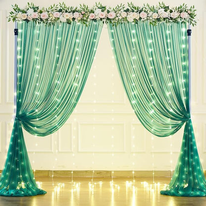 Hunter Green Tulle Backdrop Curtains with Lights String for Parites 10x8ft Sheer Backdrop Curtains Drapes for Birthday Party Bridal Shower Baby Shower Photo Booth Background Decorations