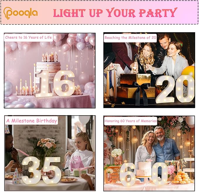 Pooqla Decorative LED Light Up Number Letters, White Plastic Marquee Number Lights Sign for 90th Birthday Party Wedding Decor, Battery Operated