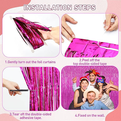 2 Pack Hot Pink Backdrop Curtain, Door Streamers, Party Streamers Decorations Rose Red Birthday Wedding Decorations Foil Fringe Photo Backdrop Party Supplies Fiesta Grad Theme Christmas Decorations