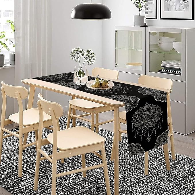 Lotus Flower Table Runner, Bohemian Ethnic Oriental Mandala Black White Floral Print Table Runner for Home Kitchen Dining Indoor Outdoor Dinner Party Decor, 13x70inch