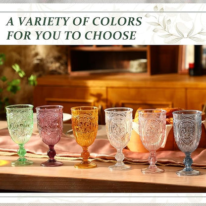 18 Pack Plastic Goblets 10oz Upgrade Vintage Water Goblet Plastic Wine Glasses Colored Retro Embossed Glassware for Party Wine Bar Juice Baby Shower Wedding Reception Grand (Pink)