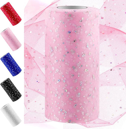 Swpeet 6 Inch by 50 Yards Pink Glitter Tulle Fabric Roll, Fabric Spool Sparkling Tulle Ribbon, Netting Polyester Spool for DIY Birthday Party Wedding Decorations Christmas Craft Supplies