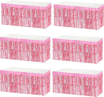 6 Pack 29x108 Inch Metallic Foil Fringe Tinsel Table Skirts Banner for Rectangle Tables Streamer Garland Curtains Backdrop for Wedding, Birthday, Parade Floats, Valentine's Day Party Decoration(Pink)