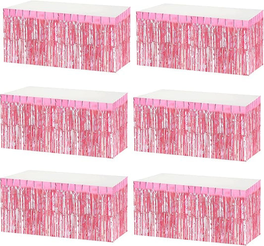 6 Pack 29x108 Inch Metallic Foil Fringe Tinsel Table Skirts Banner for Rectangle Tables Streamer Garland Curtains Backdrop for Wedding, Birthday, Parade Floats, Valentine's Day Party Decoration(Pink)