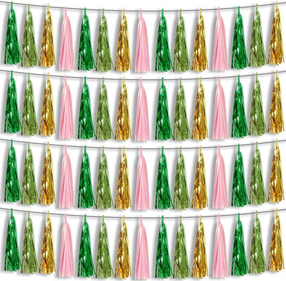 4P Pink-Gold Sage-Green Party-Decorations Foil Fringe Metallic Tassel Streamers Banner Tassel Garland for Parade Floats, Birthday, Bachelorette, Wedding, Halloween, Christmas