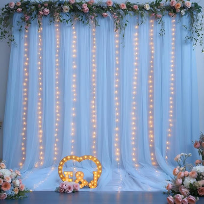20x10ft Baby Blue Tulle Backdrop Curtains with Lights for Party Wedding Baby Shower, Sheer Wrinkle Free Backdrop Curtains for Birthday Party Photo Booth Background Decoration