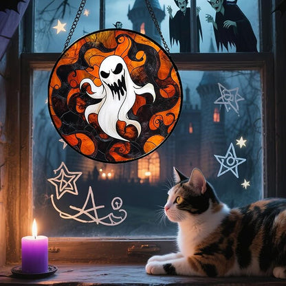 Stained Glass Window Hanging - Halloween White Ghost Suncatcher for Doors Window Garden Indoor Spooky Funny Orange Sun Catchers Gothic Decor Horror Gifts for Women Men Friend 6.3 in