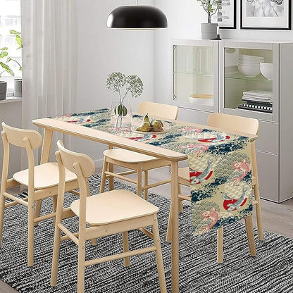 Japanese Table Runner Oriental Tradition Kio Fish Art Printed Burlap Runner Home Kitchen Dining Table Living Room Decor Fabric 1 Panel W13xL60in