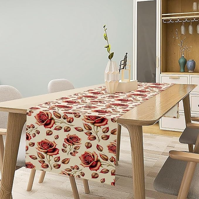 Retro Rose Table Runner, Romantic Love Elegant Plant Red Golden Flower Print Table Runner for Kitchen Dinning Table Runner Decor Home Wedding Party Holiday, 13x90 Inch