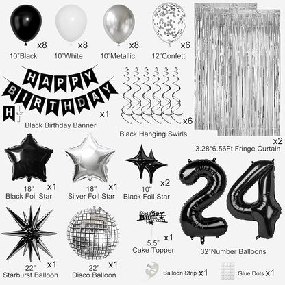 24th Birthday Decorations for Men Women, Black Silver Happy Birthday Party Decorations， 24 Year Old Party Supplies with Number 24 Balloons, Banner, Fringe Curtains Kit