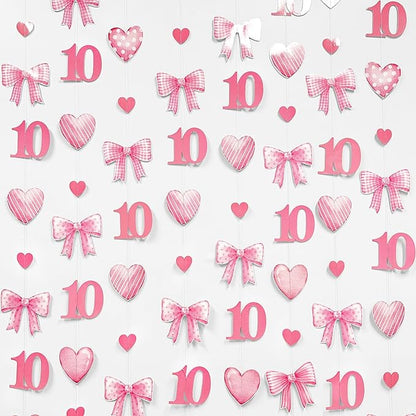 40Ft Pink 10th Bow Birthday Decorations Hot Pink Conquette Bow Heart Garland Streamer Banner for Girls Happy 10th Birthday Double Digits I'm 10 Cheers to 10 Years Old Anniversary Party Supplies