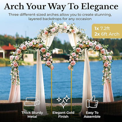 Metal Arch Backdrop Stand and Cover Set – 3 Gold Frames (7.2ft, 6ft x2) with White Wrinkle-Free Spandex Covers, Water Weights, Bags & Case – Wedding, Birthday, Baby Shower, Party Decor