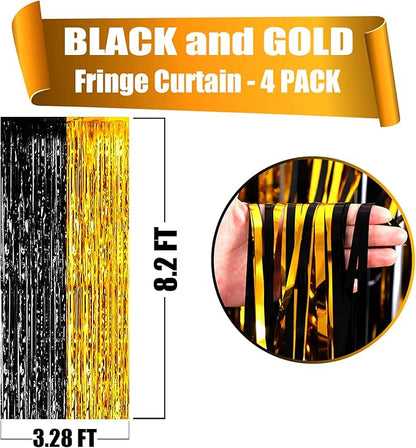 4 Pack Black Gold Foil Fringe Curtain Backdrop, 3.28Ft x 8.2Ft Metallic Tinsel Foil Fringe Streamers Curtains for Photo Booth, Wedding, Graduation, Birthday, Carnival Party Decoration