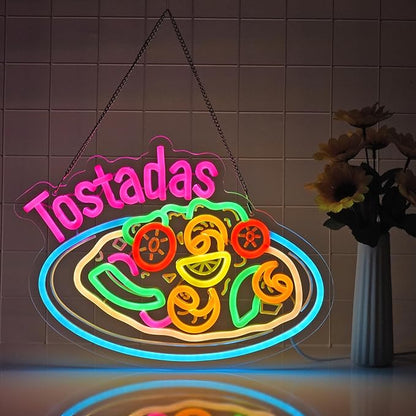 CNBEYOUNG Tostadas Neon Sign, Neon Lights Hanging Wall Art Decoration for Mexican Restaurant Diner Cafés Kitchen Celebration Home Decor, USB Powered Ultra Bright Dimmable,14.96×11.02inches