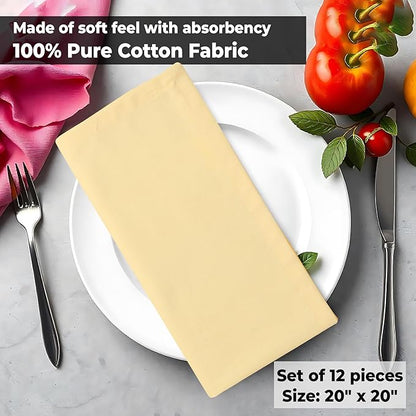 Urban Villa Fall Cloth Napkins 100% Cotton Slub Absorbent Dinner Napkins (Set of 12) Oversized 20x20 Inches Solid Yellow Color Soft Durable Reusable Washable Ideal for Everyday Use Wedding Parties