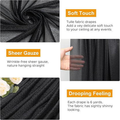 Wedding Arch Draping Fabric 3 Panels 28.7" x 20FT Black Sheer Chiffon Backdrop Drapes for Wedding Ceremony Birthday Party Bridal Shower Outdoor Decoration