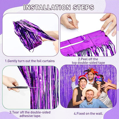Purple Foil Curtain Backdrop, 2Pack Metallic Tinsel Foil Fringe Curtains Photo Booth Props for Birthday Wedding Engagement Bachelorette Baby Shower Christmas Holiday Celebration Party Decorations