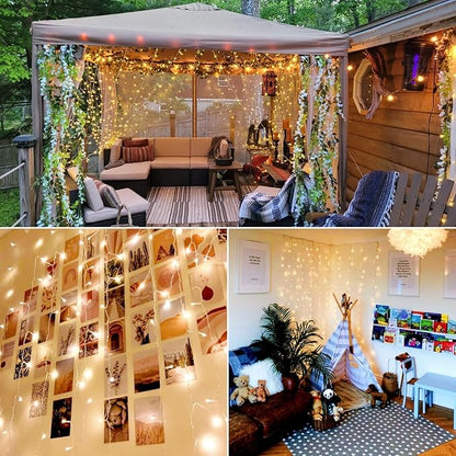 LE Fairy Curtain Lights Battery Operated & USB Plug in, Remote 10 x 10 ft Hanging String Lights for Bedroom Wall, 300 LED Indoor Outdoor Twinkle Lights for Wedding Party Backdrop Tent, Patio, Gazebo