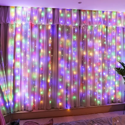 HXWEIYE 300LED Fairy Curtain Lights, 9.8x9.8Ft USB Plug-in 8 Modes Christmas String Hanging Lights with Remote for Bedroom Backdrop Wedding Party Indoor Wall Decor, Multicolor