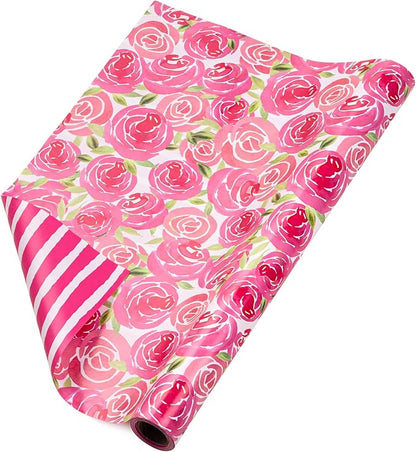 RUSPEPA Reversible Wrapping Paper Roll - Mini Roll - Watercolor Style Pink Rose and Stripe Pattern Great for Mother's Day, Birthday, Party, Wedding and More - 17 Inches X 32.8 Feet