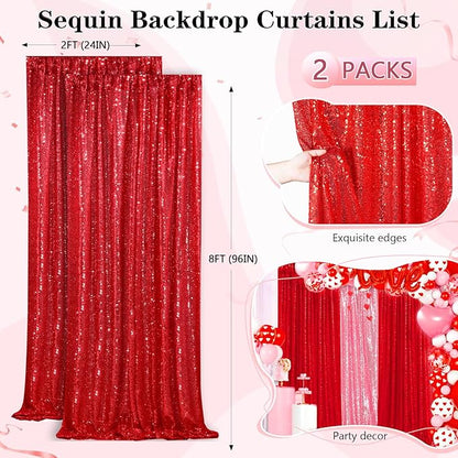 QueenDream Red Sequin Backdrop 2 Panels 2FTx8FT Christmas Party Backdrop Curtains Glitter Photo Background Wedding Stage Decorations