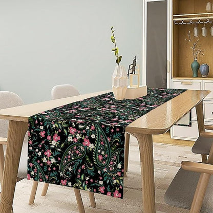 Paisley Table Runner, Abstract Vintage Boho Pink Paisley Flowers Green Teal Leaves Print Table Runner for Dinning Holiday Party Indoor Outdoor Decor, 13x108inch